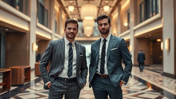 Two men in a modern hotel lobby representing hotel development.