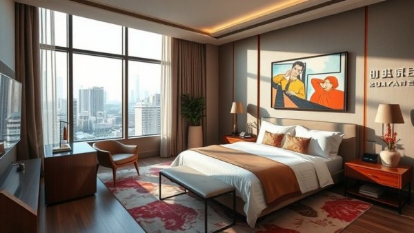Luxurious boutique hotel room with city view and modern art decor.