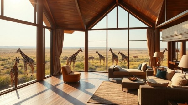 Luxury safari lodge with giraffe view