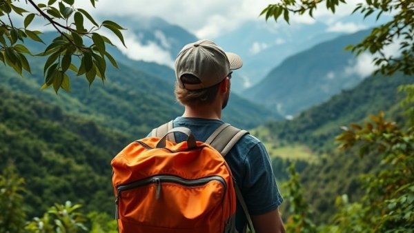 Student with orange backpack explores nature's beauty.