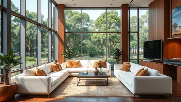 Luxury hotel lounge with elegant decor and lush view.