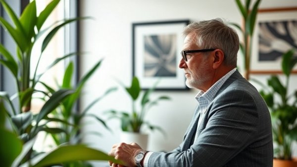 Mature professional discussing branded residences growth in modern office.