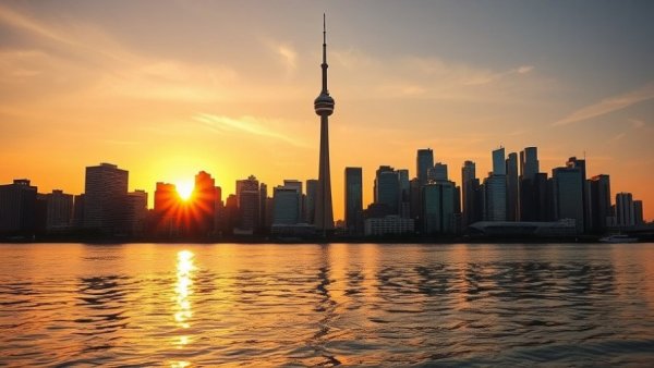 Toronto skyline at sunset with CN Tower reflecting on lake.