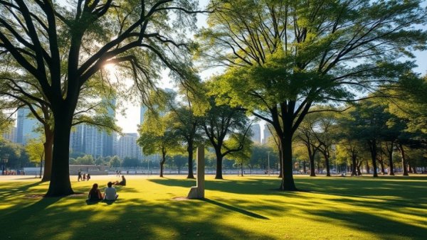 Tranquil Melbourne park scene with city skyline in background.