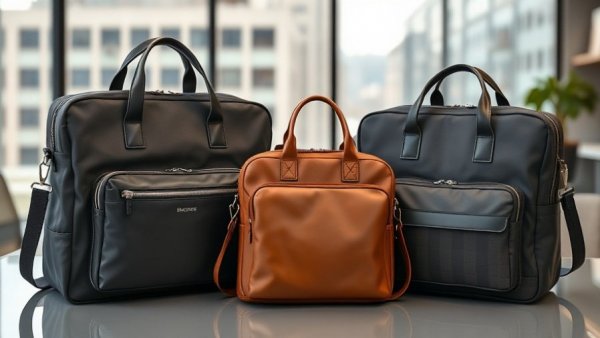 Versatile work bags elegantly displayed with modern city view.