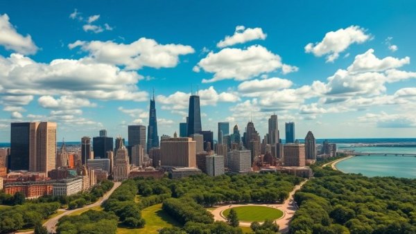 Chicago skyline from lush park, best photography spots in Chicago.