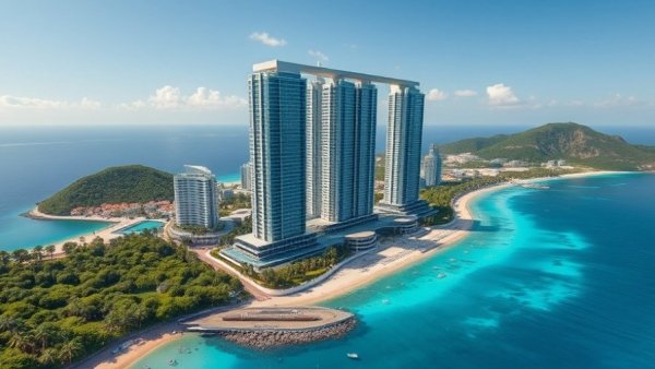Modern skyscrapers in a luxury hotel collection by the coast.