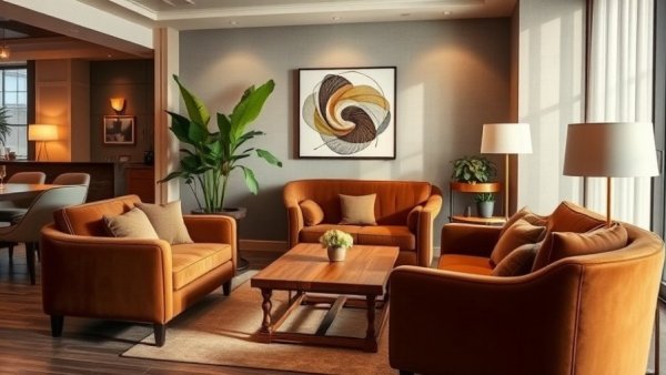 Boutique luxury hotel lounge with plush seating and warm lighting.