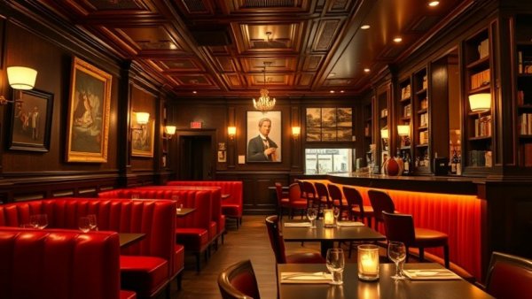Cozy romantic restaurant in NYC with plush red seating.
