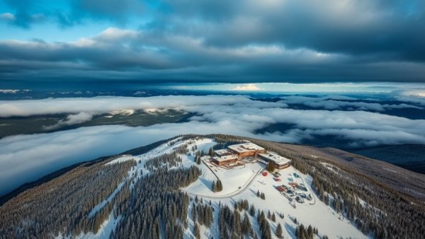 Scenic view of ski resort in British Columbia with fog and mountains.
