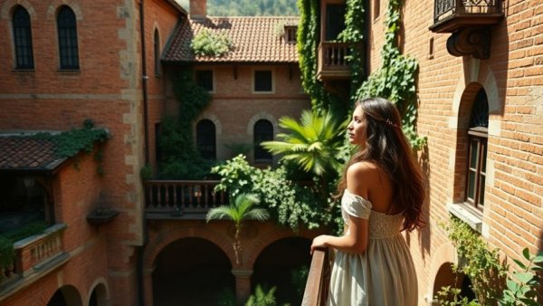 Romeo and Juliet in Verona balcony scene with historic courtyard.
