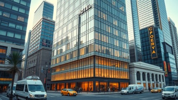 Modern architectural design of a luxury urban hotel surrounded by city life.