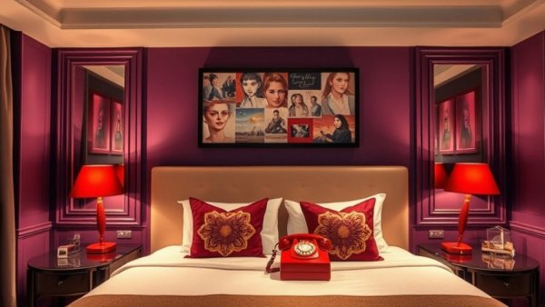 Elegant boutique hotel room with deep purple walls and modern art.