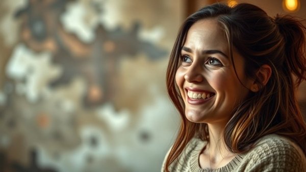 Photorealistic woman smiling in front of abstract painting, branded residences.
