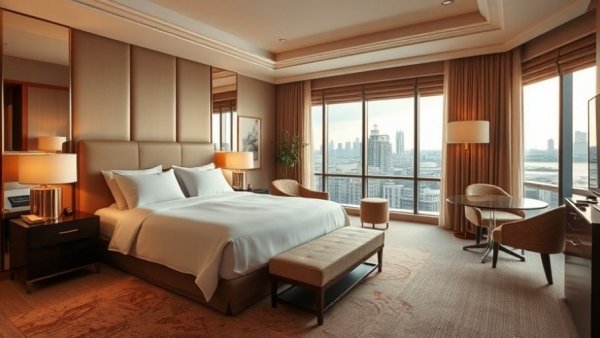 Luxurious urban hotel room with modern decor and city view.