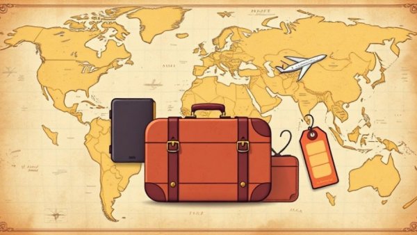 Travel icons including suitcase, passport, and airplane over vintage map for Bahia Principe Coupon 2026