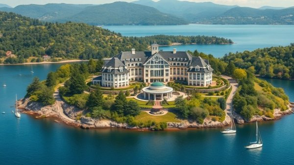 Aerial view of Lake Windermere luxury hotel development surrounded by water.