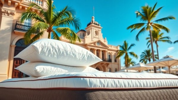 Luxury hotel mattress and architecture under tropical sky.