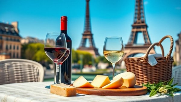 Romantic Paris picnic with wine near Eiffel Tower, most romantic European cities.