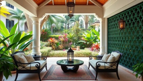 Luxury patio at the best villas in Barbados, lush garden view.
