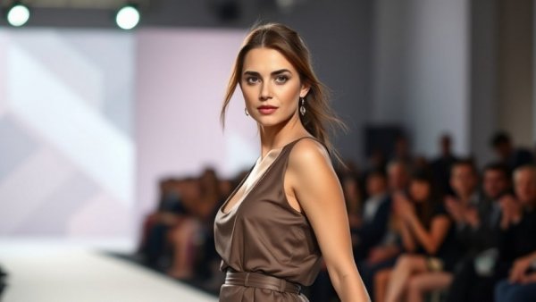 American luxury brands fashion show scene with model on runway.