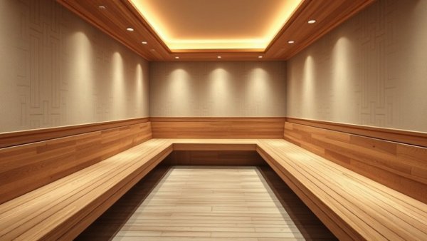 Elegant luxury hotel spa room with wooden benches.