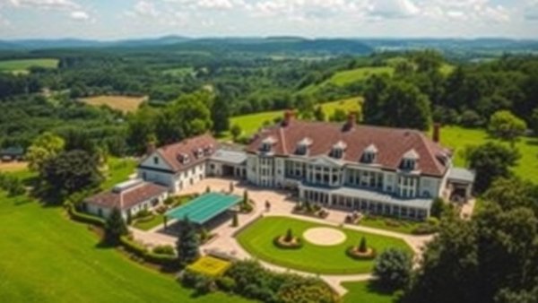 Luxurious countryside hotel with gardens and sports facilities.