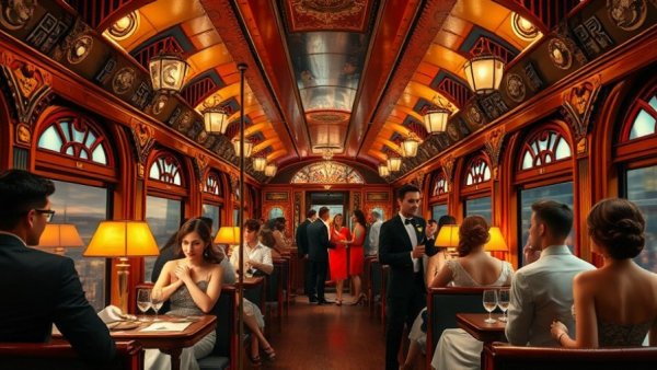 Luxurious art deco train car interior with elegantly dressed people.