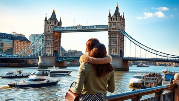 Romantic couple at Tower Bridge in London, enjoying the view.