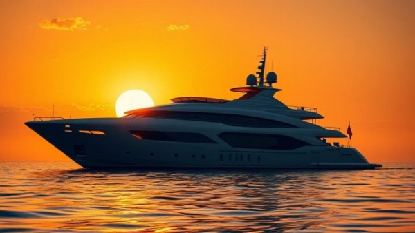 Luxury yacht silhouetted against vibrant sunset. Tranquil sea.