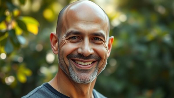 Professional man smiling confidently, natural background