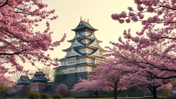 Luxury Hotels with a view of a Japanese castle and cherry blossoms.