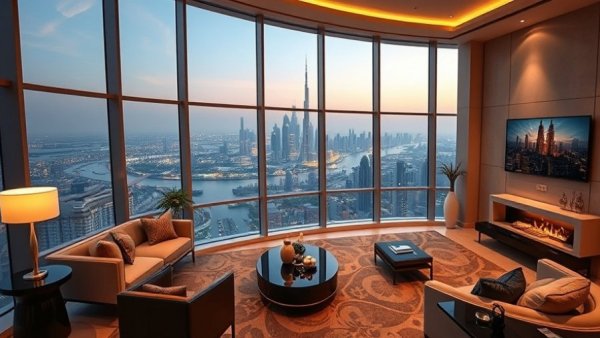 Luxurious penthouse with Dubai skyline view, luxury hotels in Dubai.