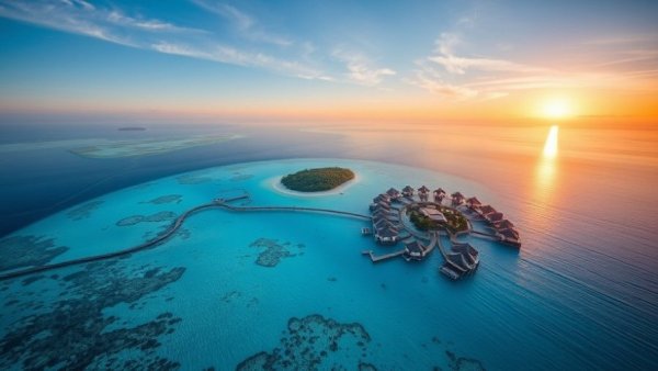 Aerial view of luxury hotels on Maldives islands.