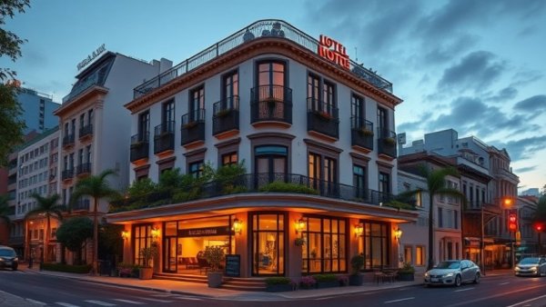 Charming luxury boutique hotel in urban area at dusk.