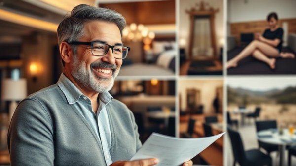 Person discussing proposed holiday tax in England, hotel interior backdrop.