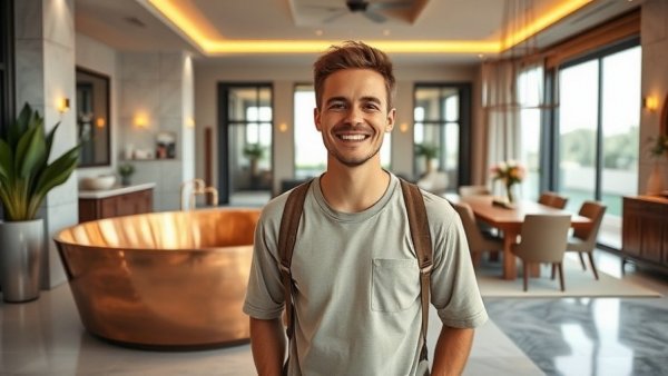 Man smiling in front of luxury interior, holiday tax England setting.