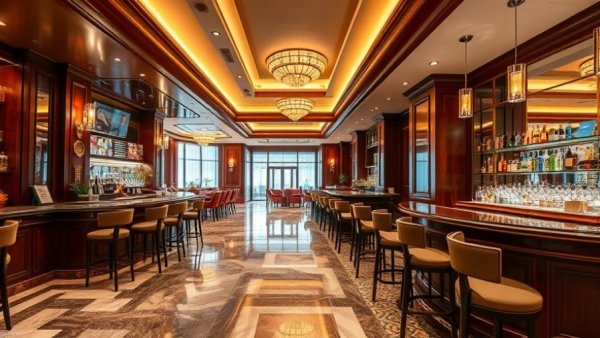 Luxury hotel bar interior with polished wood and marble.