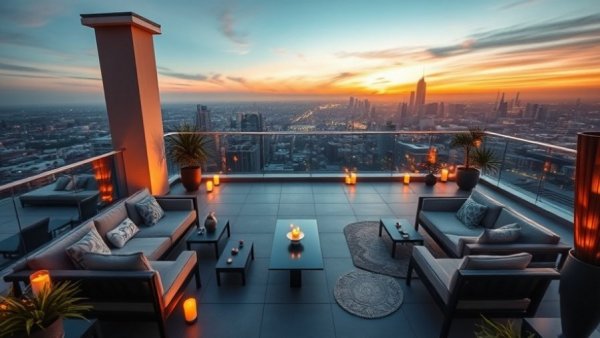 Luxurious sunset rooftop in Rome, elegant design, yoga mats ready.