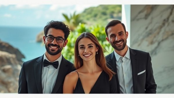 Smiling professionals in diverse settings, luxury boutique accommodations context.