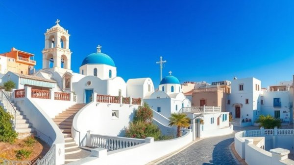 Medieval Santorini Villages with whitewashed buildings and blue domes under a clear sky.
