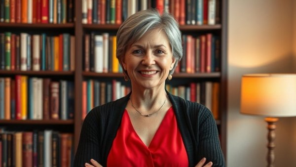Middle-aged woman smiling in a cozy room with bookshelf, luxury hotels ambiance.