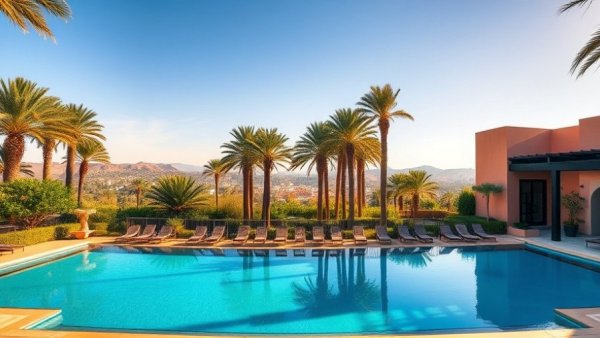 Luxurious pool area at a family resort in Marrakech with lush greenery and palm trees.