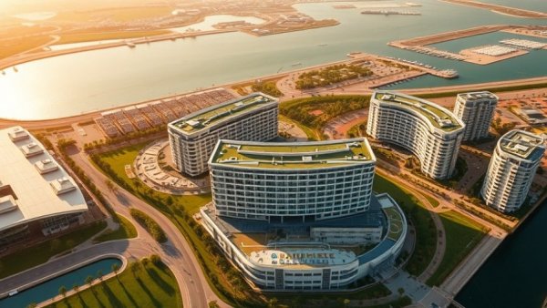 Aerial view of Manchester City Residences Yas Island, lush setting.