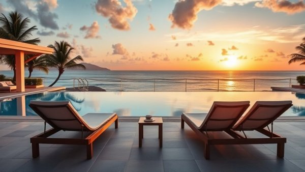 Luxury villas in Greece with a stunning sea view at sunset.