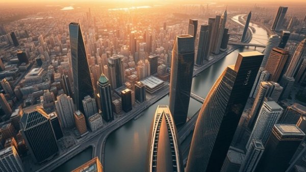 Luxury cityscape with skyscrapers and river under golden sunlight