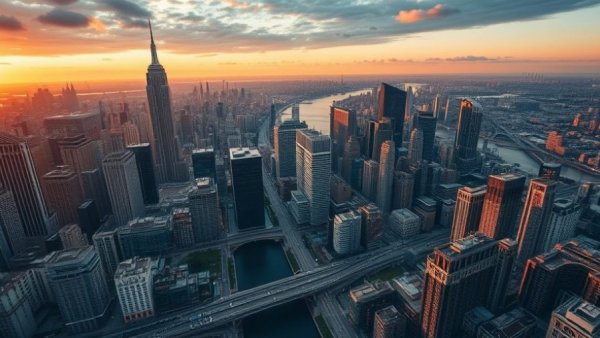 Luxury hotels in modern city skyline, sunset view.