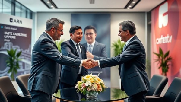 Businessmen shaking hands at a luxury hotel alliance signing ceremony.
