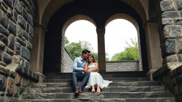Couple in front of ancient building promoting travel podcast, focus on luxury honeymoon resorts North America.