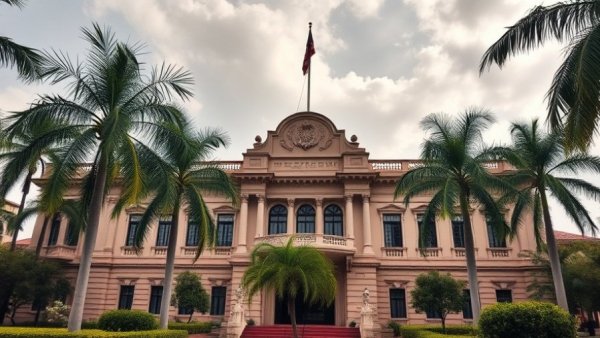 Elegant historic building surrounded by palm trees and a cloudy sky